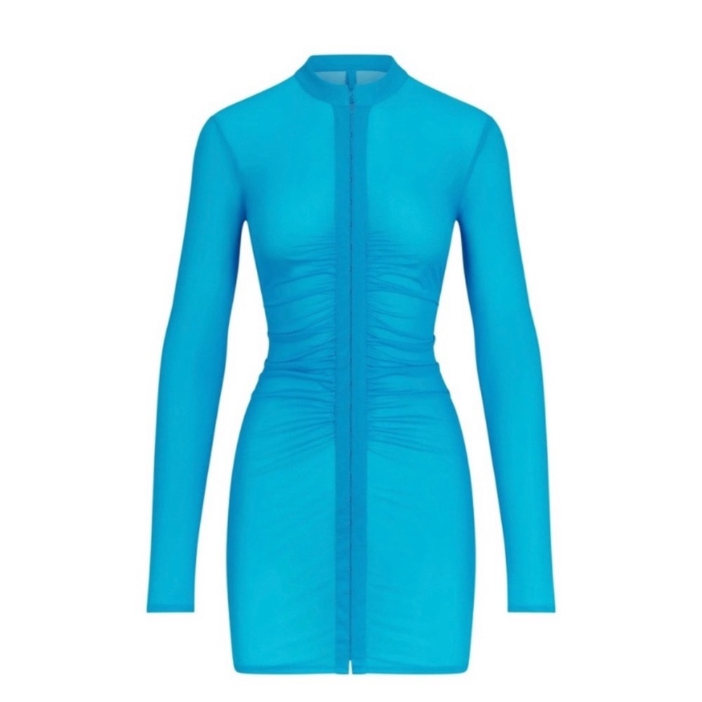 NTW Skims/ Mesh cover up long sleeve ruched dress - Blue Turquoise